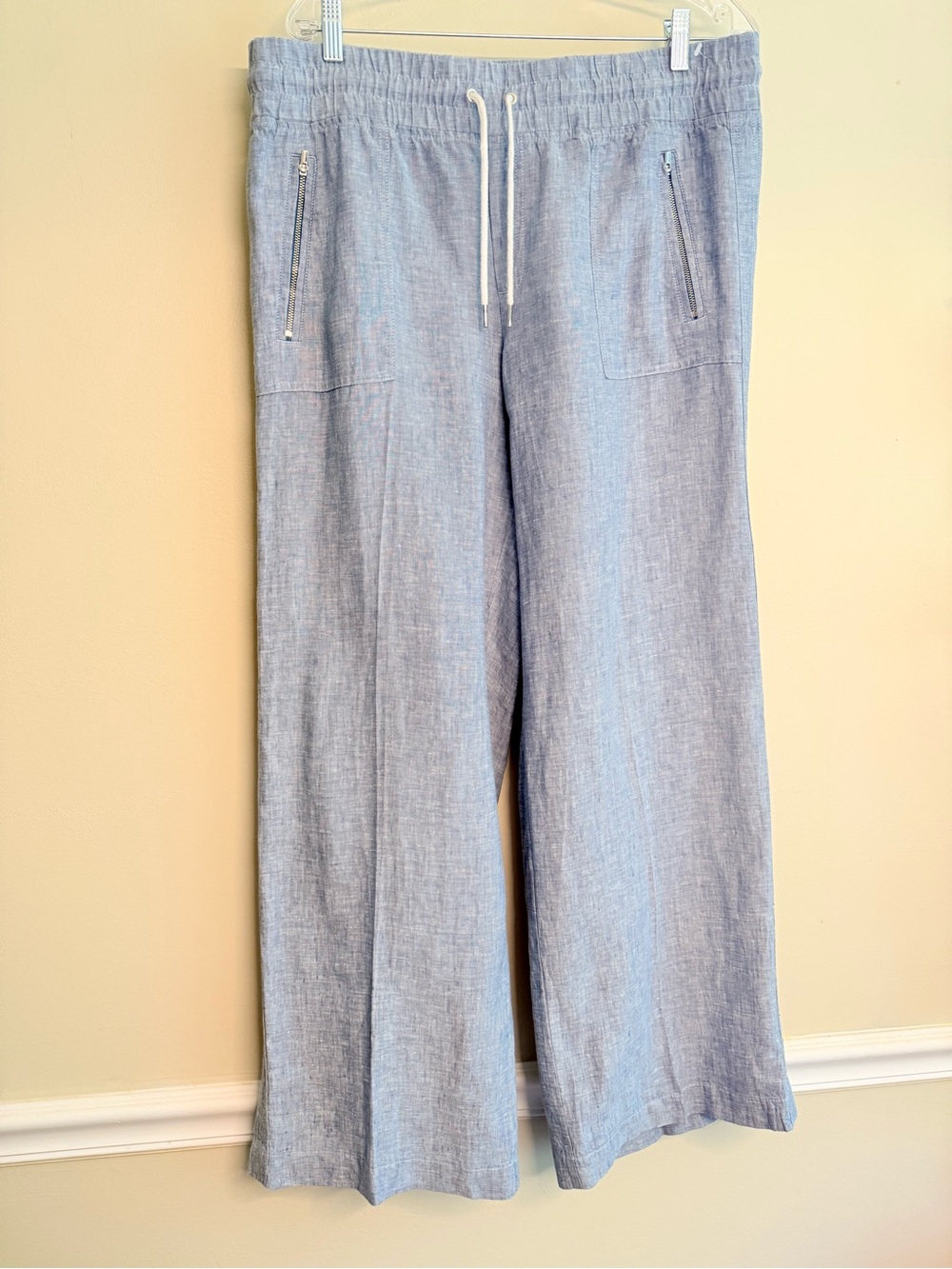 Athleta Cabo wide leg Blue Linen pull-on Drawstring zip-pockets Pants size 14